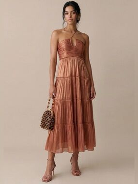 Few Moda o.p.t NWT East Copper Cowboy Metallic Tiered Spaghetti-Strap Midi Dress